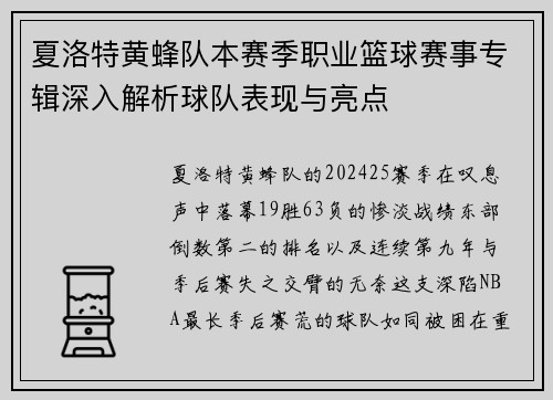 夏洛特黄蜂队本赛季职业篮球赛事专辑深入解析球队表现与亮点